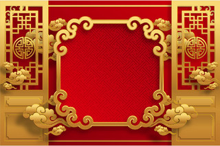 金色边框新年边框中国风边框春节红色中国风新年喜庆金色雕花门云纹矢量素材